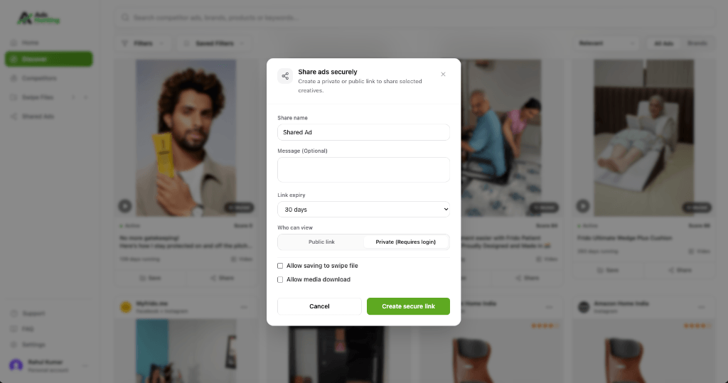 AdsHunting Share interface